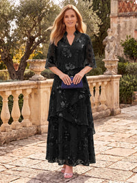 Sequin Mother of the Bride/Groom Dresses A Line V Neck Half Sleeves Ankle Length Tiered Ruffles