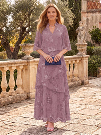 Sequin Mother of the Bride/Groom Dresses A Line V Neck Half Sleeves Ankle Length Tiered Ruffles