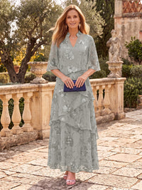 Sequin Mother of the Bride/Groom Dresses A Line V Neck Half Sleeves Ankle Length Tiered Ruffles