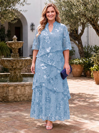 Plus Size Sequin Mother of the Bride/Groom Dresses A Line V Neck Half Sleeves Ankle Length Tiered Ruffles