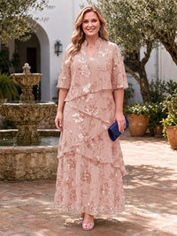 Plus Size Sequin Mother of the Bride/Groom Dresses A Line V Neck Half Sleeves Ankle Length Tiered Ruffles