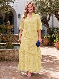 Plus Size Sequin Mother of the Bride/Groom Dresses A Line V Neck Half Sleeves Ankle Length Tiered Ruffles
