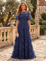 Lace Appliques Mother of the Bride/Groom Dresses A Line Scoop Neck Short Sleeves Floor Length