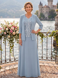 Chiffon Mother of the Bride/Groom Dresses A Line Scoop Neck 3/4 Sleeves Floor Length with Jacket