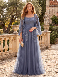 Tulle Mother of the Bride/Groom Dresses A Line Square Neck 3/4 Sleeves Floor Length
