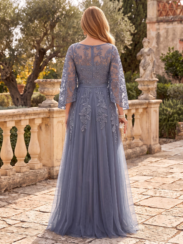 Tulle Mother of the Bride/Groom Dresses A Line Square Neck 3/4 Sleeves Floor Length