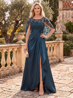 Satin Mother of the Bride/Groom Dresses A Line Scoop Neck Cape Sleeves Floor Length with Slit