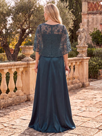 Satin Mother of the Bride/Groom Dresses A Line Scoop Neck Cape Sleeves Floor Length with Slit