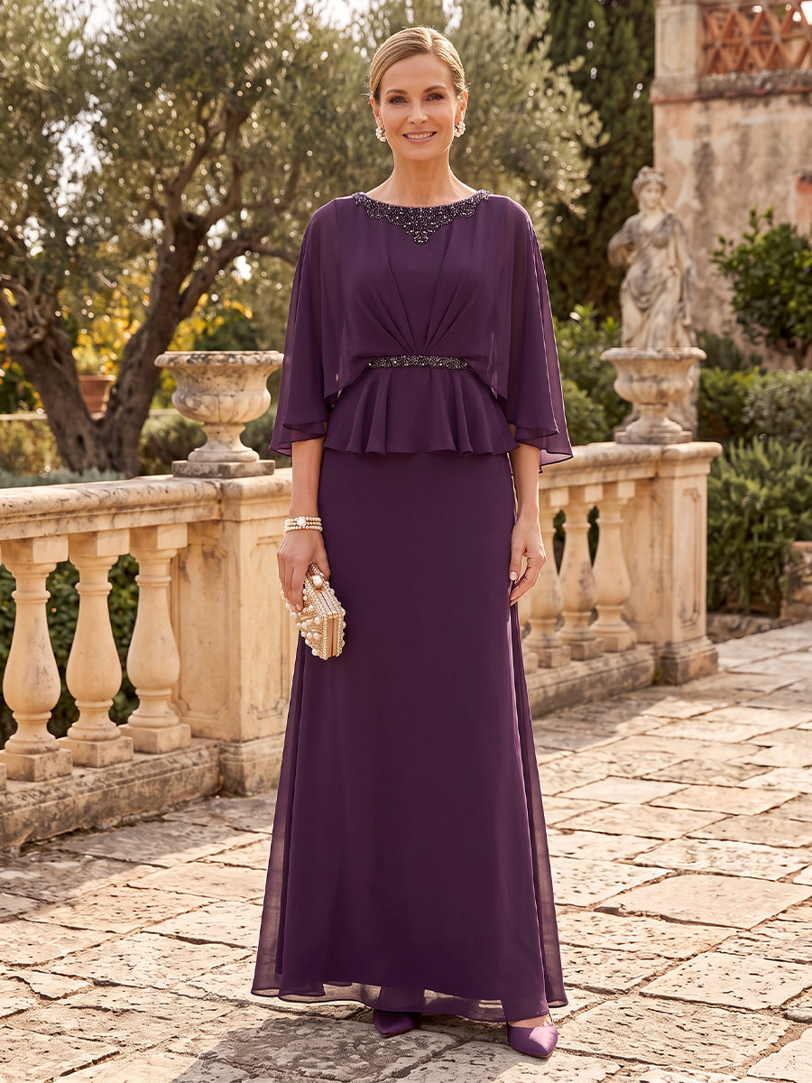 Chiffon Mother of the Bride/Groom Dresses Mermaid Scoop Neck Cape Sleeves Floor Length with Beads
