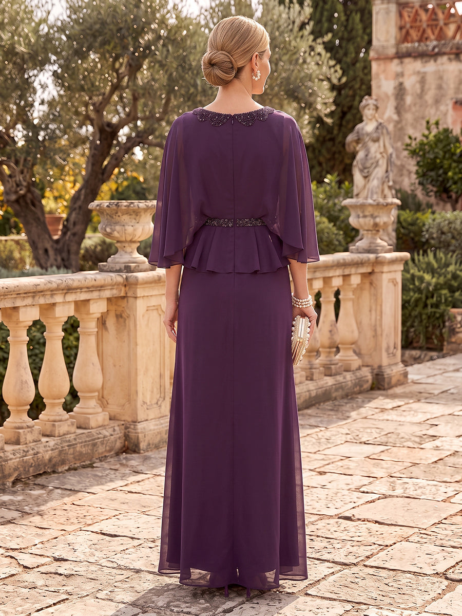Chiffon Mother of the Bride/Groom Dresses Mermaid Scoop Neck Cape Sleeves Floor Length with Beads