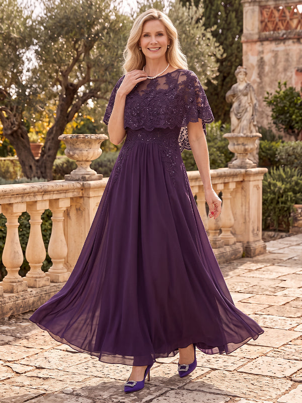 Chiffon Mother of the Bride/Groom Dresses A Line Scoop Neck Cape Sleeves Floor Length