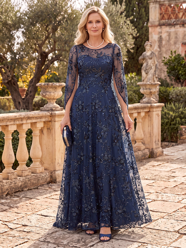 Lace Appliques Mother of the Bride/Groom Dresses A Line Scoop Neck Cape Sleeves Floor Length