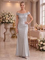 Metallic Satin Mother of the Bride/Groom Dresses Sheath Off the Shoulder Sleeveless Floor Length Ruched