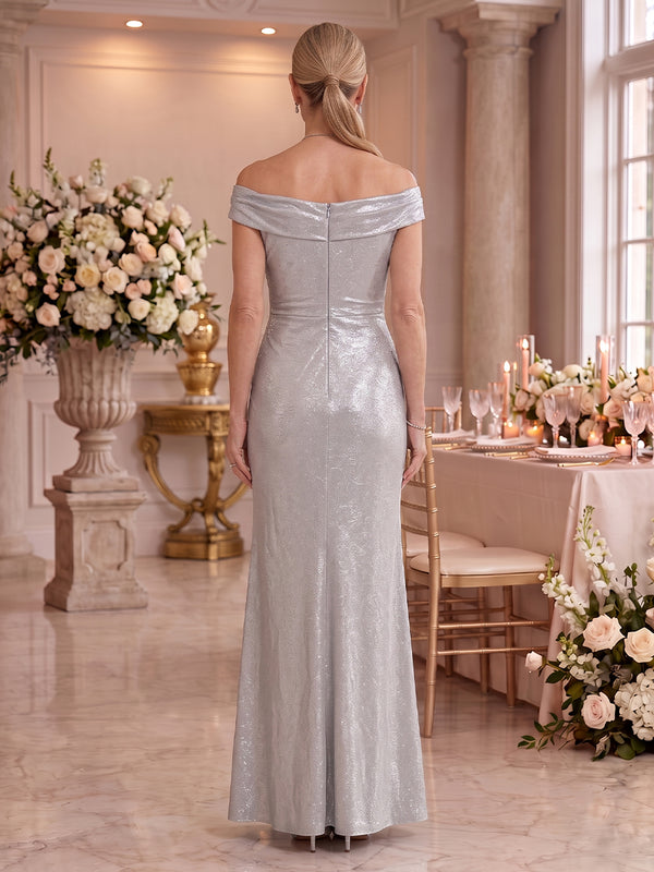 Metallic Satin Mother of the Bride/Groom Dresses Sheath Off the Shoulder Sleeveless Floor Length Ruched