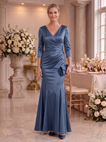 Satin Mother of the Bride/Groom Dresses Mermaid V Neck 3/4 Sleeves Floor Length Ruched