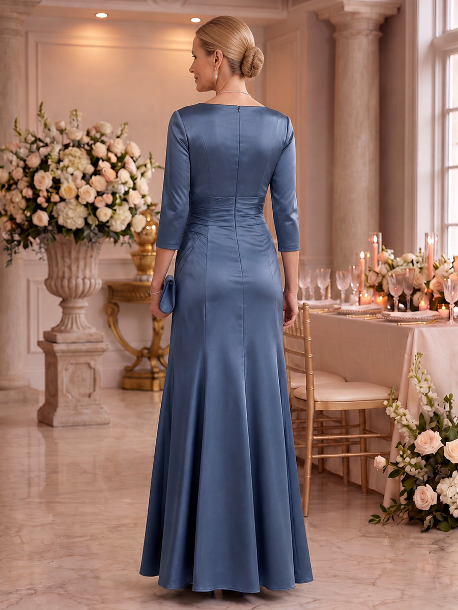Satin Mother of the Bride/Groom Dresses Mermaid V Neck 3/4 Sleeves Floor Length Ruched