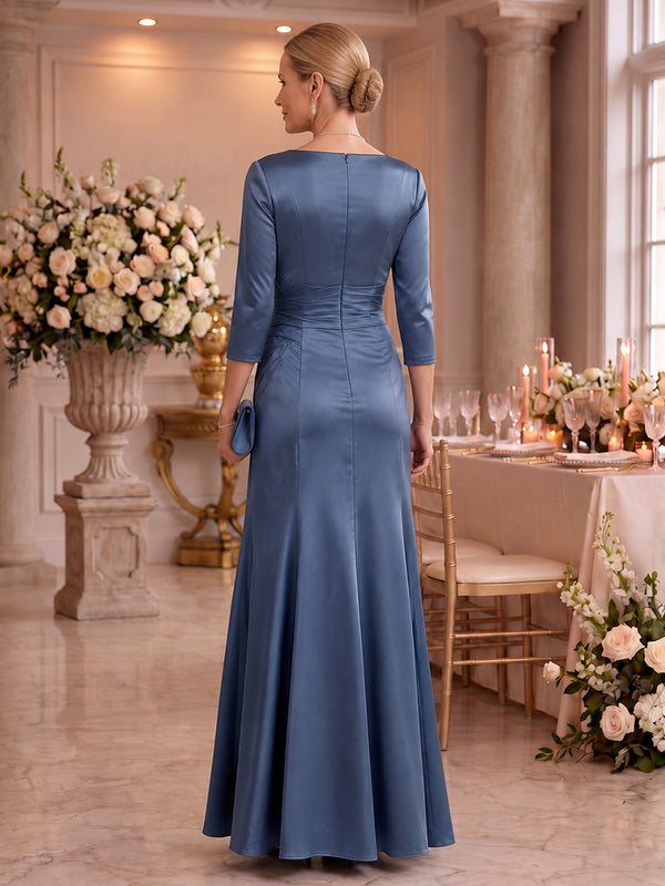 Satin Mother of the Bride/Groom Dresses Mermaid V Neck 3/4 Sleeves Floor Length Ruched