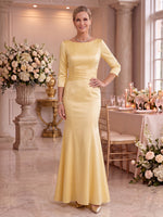 Satin Mother of the Bride/Groom Dresses Mermaid Boat Neck 3/4 Sleeves Floor Length Ruched