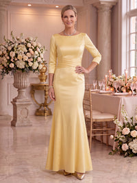 Satin Mother of the Bride/Groom Dresses Mermaid Boat Neck 3/4 Sleeves Floor Length Ruched