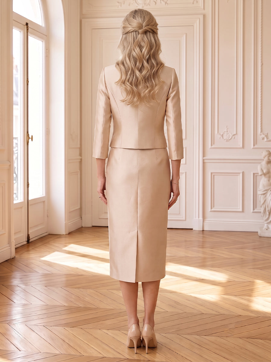 Satin Mother of the Bride/Groom Dresses Sheath Scoop Neck Tea Length with Jacket