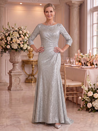 Metallic Satin Mother of the Bride/Groom Dresses Mermaid Boat Neck 3/4 Sleeves Floor Length