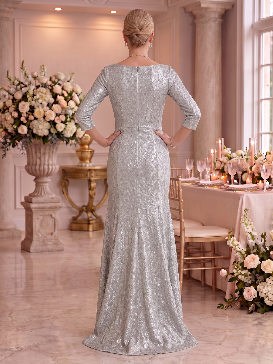 Metallic Satin Mother of the Bride/Groom Dresses Mermaid Boat Neck 3/4 Sleeves Floor Length