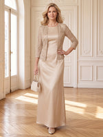 Satin Mother of the Bride/Groom Dresses Sheath Scoop Neck 3/4 Sleeves Floor Length with Jacket