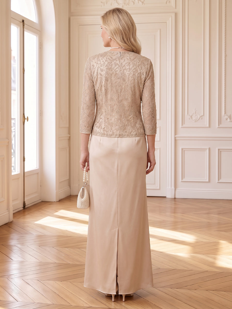 Satin Mother of the Bride/Groom Dresses Sheath Scoop Neck 3/4 Sleeves Floor Length with Jacket