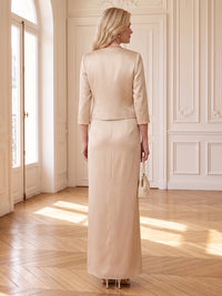 Satin Mother of the Bride/Groom Dresses Column Scoop Neck 3/4 Sleeves Floor Length with Jacket