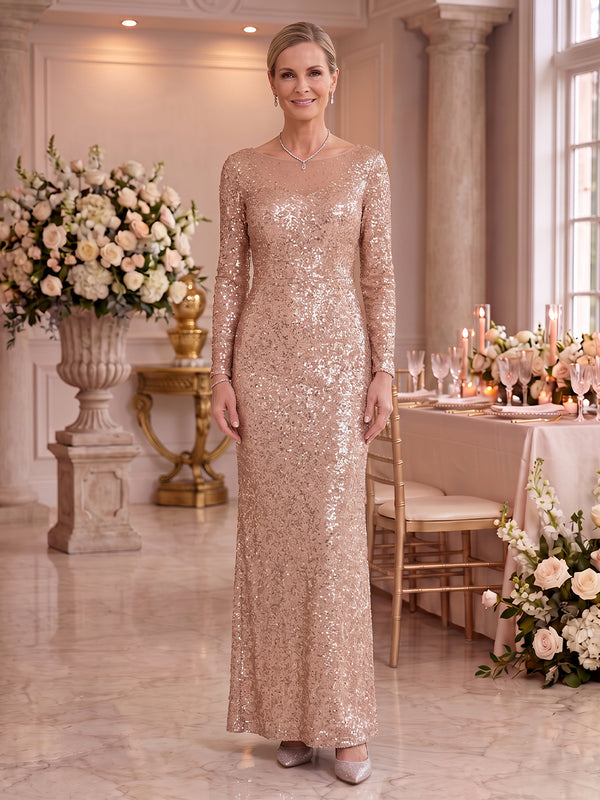 Sequin Mother of the Bride/Groom Dresses Sheath Scoop Neck Long Sleeves Floor Length