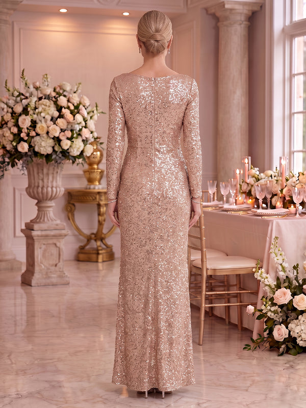 Sequin Mother of the Bride/Groom Dresses Sheath Scoop Neck Long Sleeves Floor Length