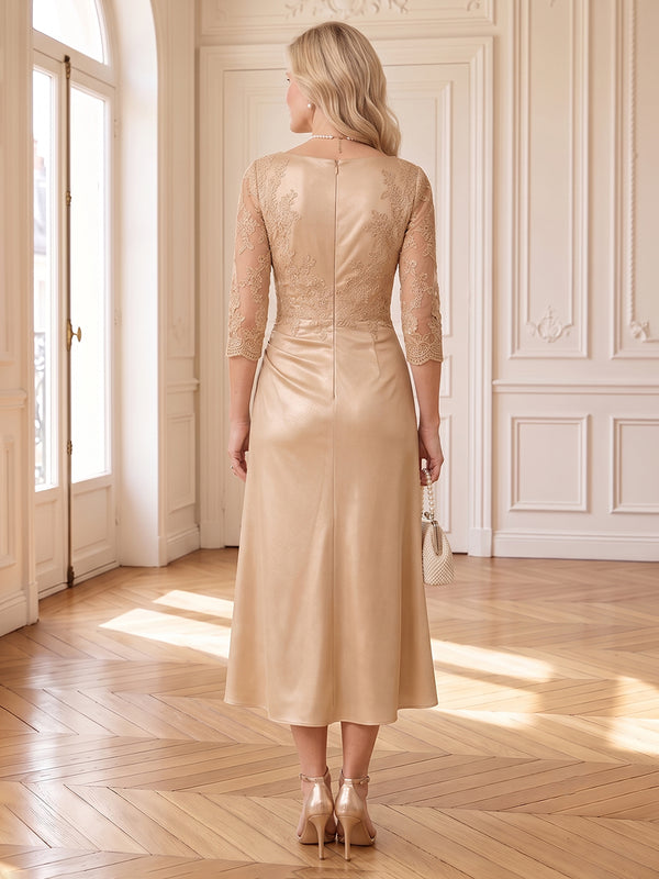 Satin Mother of the Bride/Groom Dresses A Line Scoop Neck 3/4 Sleeves Tea Length