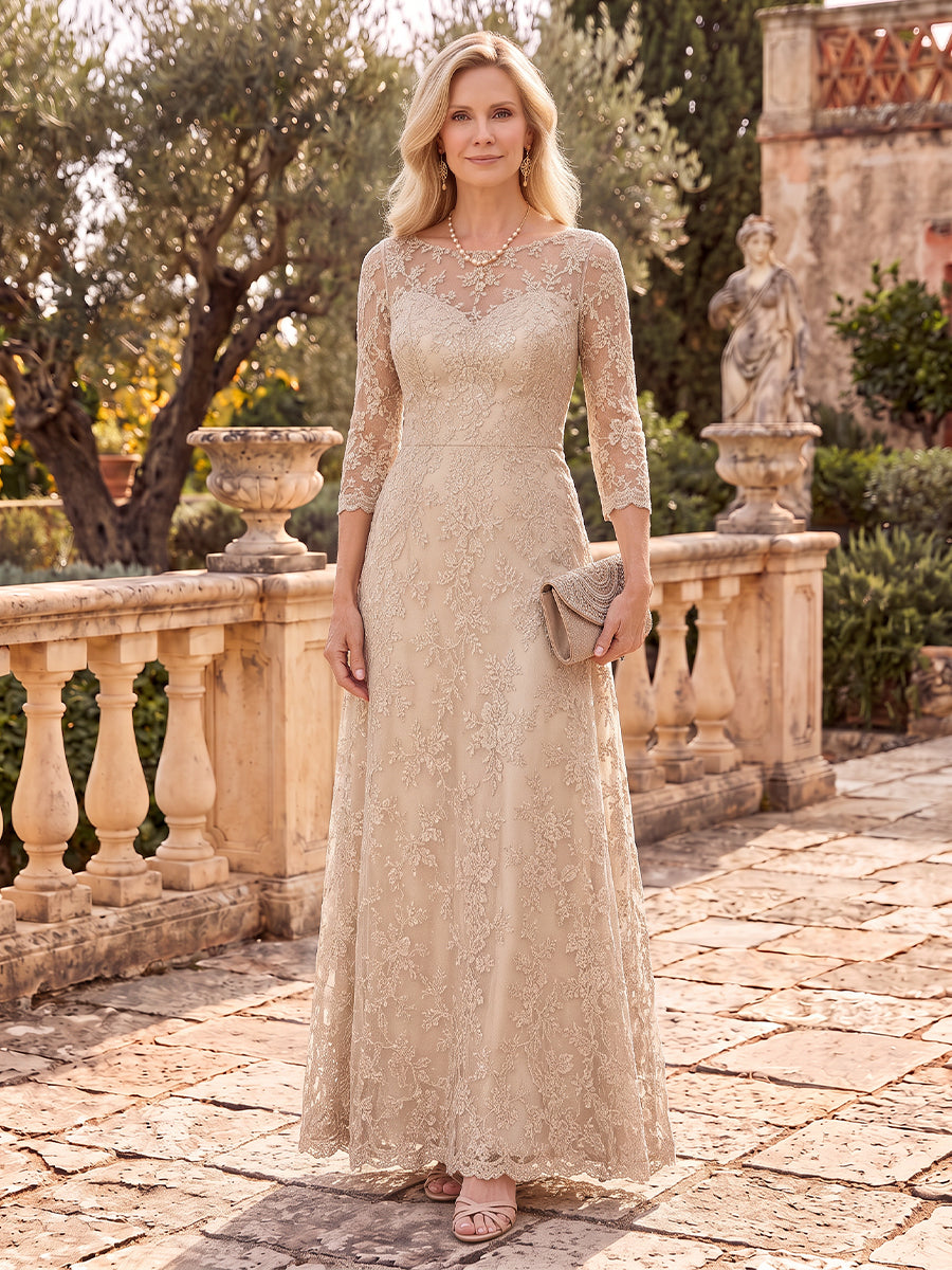 Lace Appliques Mother of the Bride/Groom Dresses A Line Scoop Neck 3/4 Sleeves Floor Length
