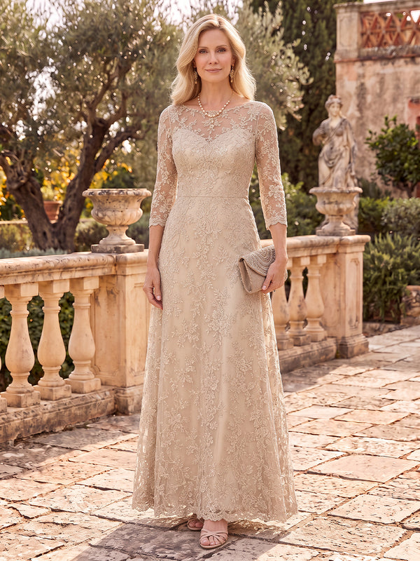 Lace Appliques Mother of the Bride/Groom Dresses A Line Scoop Neck 3/4 Sleeves Floor Length