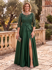 Plus Size Satin Mother of the Bride/Groom Dresses A Line 3/4 Sleeves Scoop Neck Floor Length