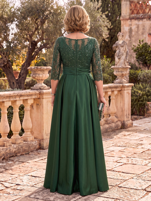 Plus Size Satin Mother of the Bride/Groom Dresses A Line 3/4 Sleeves Scoop Neck Floor Length