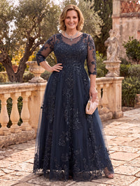 Plus Size Tulle Mother of the Bride/Groom Dresses A Line 3/4 Sleeves Scoop Neck Floor Length