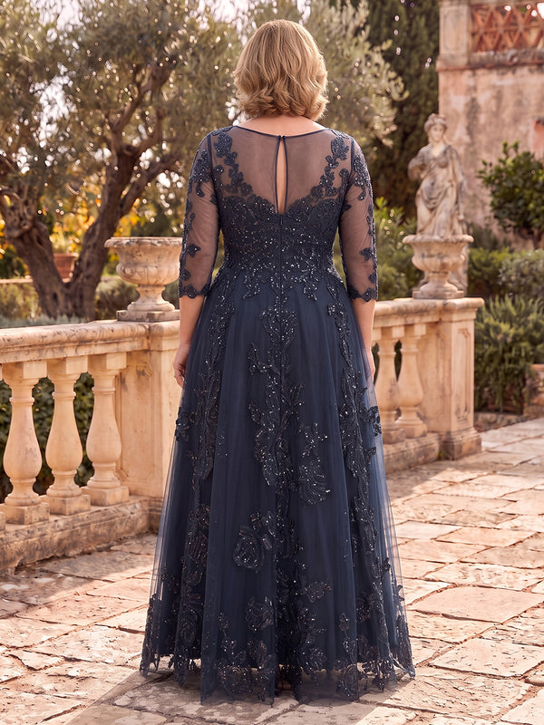 Plus Size Tulle Mother of the Bride/Groom Dresses A Line 3/4 Sleeves Scoop Neck Floor Length