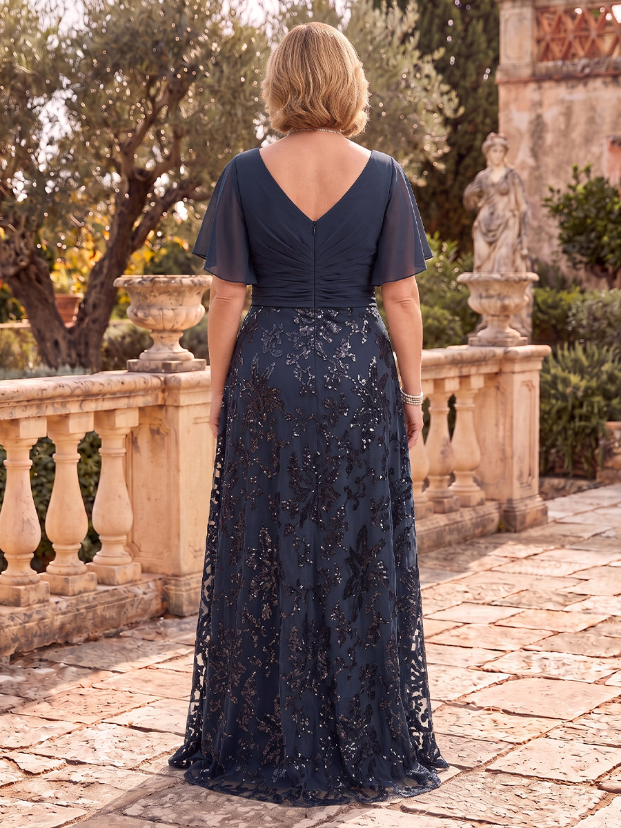 Plus Size Chiffon Mother of the Bride/Groom Dresses A Line Flutter Sleeves V Neck Floor Length