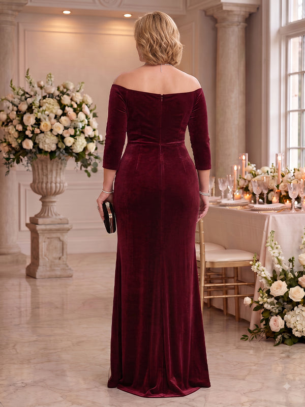 Plus Size Velvet Mother of the Bride/Groom Dresses Sheath 3/4 Sleeves Off the Shoulder Floor Length with Slit