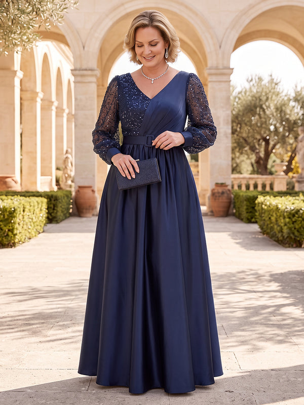 Plus Size Satin Mother of the Bride/Groom Dresses A Line Long Sleeves V Neck Floor Length