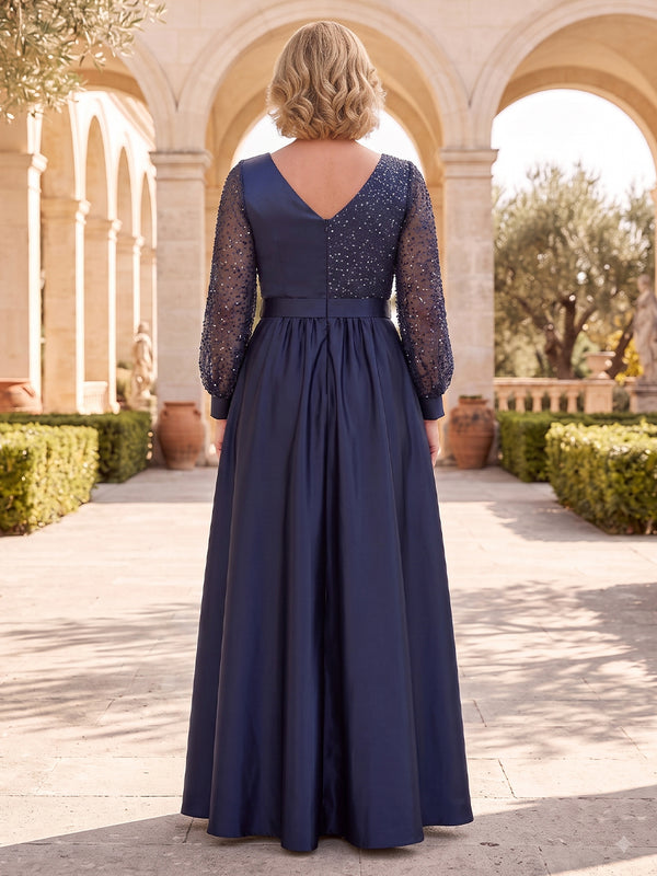 Plus Size Satin Mother of the Bride/Groom Dresses A Line Long Sleeves V Neck Floor Length