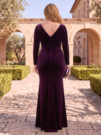 Plus Size Velvet Mother of the Bride/Groom Dresses Sheath Long Sleeves V Neck Floor Length