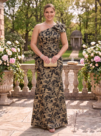 Plus Size Jacquard Mother of the Bride/Groom Dresses Sheath One Shoulder Floor Length with Bow
