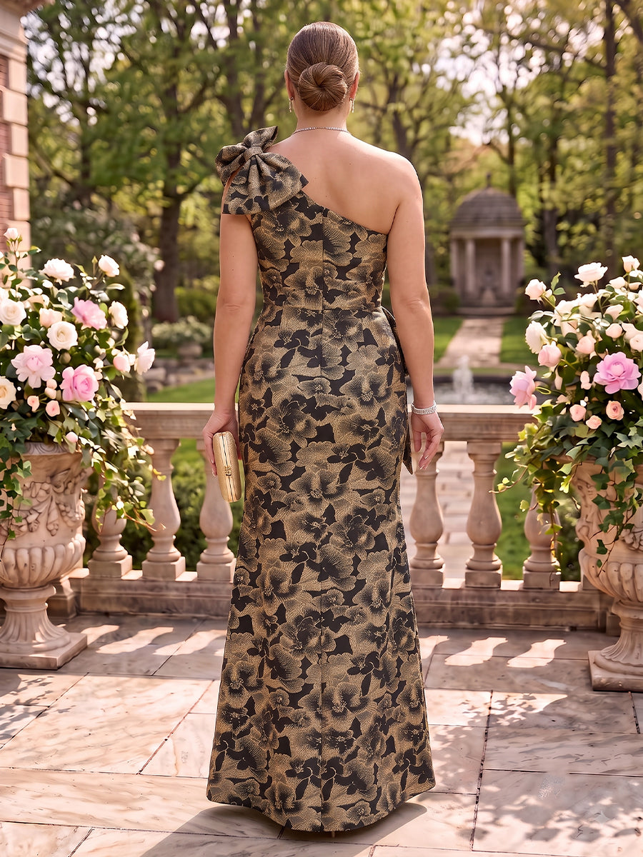 Plus Size Jacquard Mother of the Bride/Groom Dresses Sheath One Shoulder Floor Length with Bow