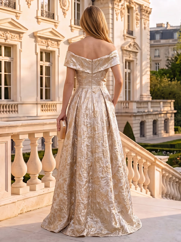 Jacquard Mother of the Bride/Groom Dresses A Line Off the Shoulder Short Sleeves Floor Length Ruched