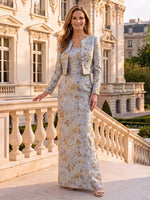 Jacquard Mother of the Bride Dress Scoop Neck Long Sleeves Floor Length with Jacket