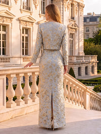 Jacquard Mother of the Bride Dress Scoop Neck Long Sleeves Floor Length with Jacket