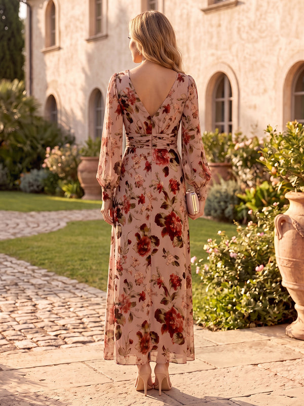 Floral Print Mermaid/Sheath V Neck Long Sleeves Mother of the Bride/Groom Dresses Long with Belt