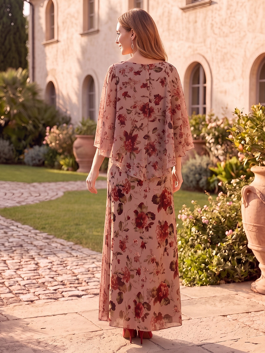 Floral Print Mermaid/Sheath Cape Sleeves Mother of the Bride/Groom Dresses Long Pleated